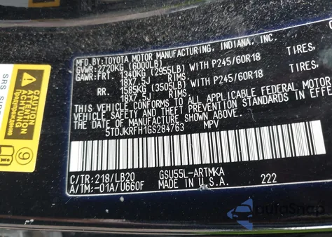 2016 Toyota Highlander Xle V6 from USA, damaged, VIN 5TDJKRFH1GS284763